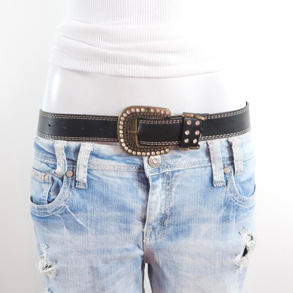 vintage y2k black rhinestone studded belt statement buckle